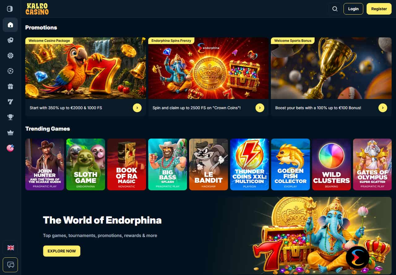 Kaleo Casino homepage with its welcome promotion and slot game catalogue