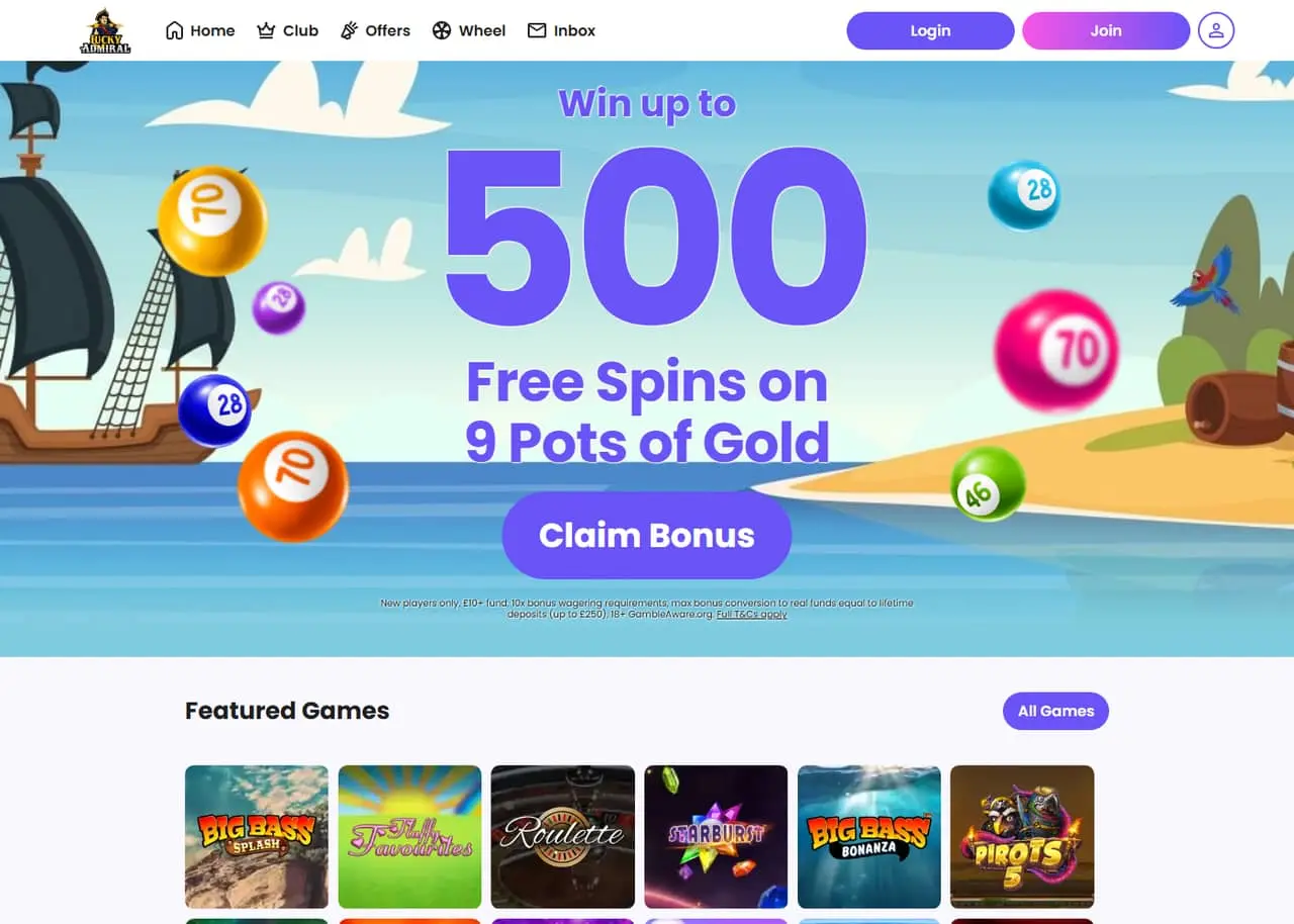 Lucky Admiral homepage — September 2026 Lucky Admiral homepage showing its welcome offer and casino games in September 2026