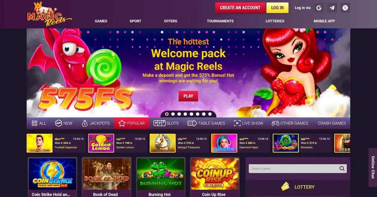 Historical Magic Reels Casino homepage showing its promotional banner and game tiles