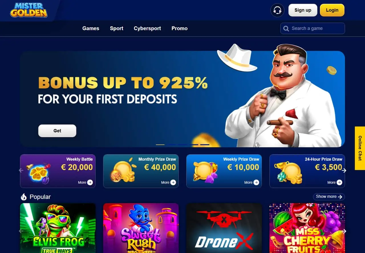 Mister Golden homepage September 2026 Mister Golden homepage with its promotional banner and game categories, September 2026