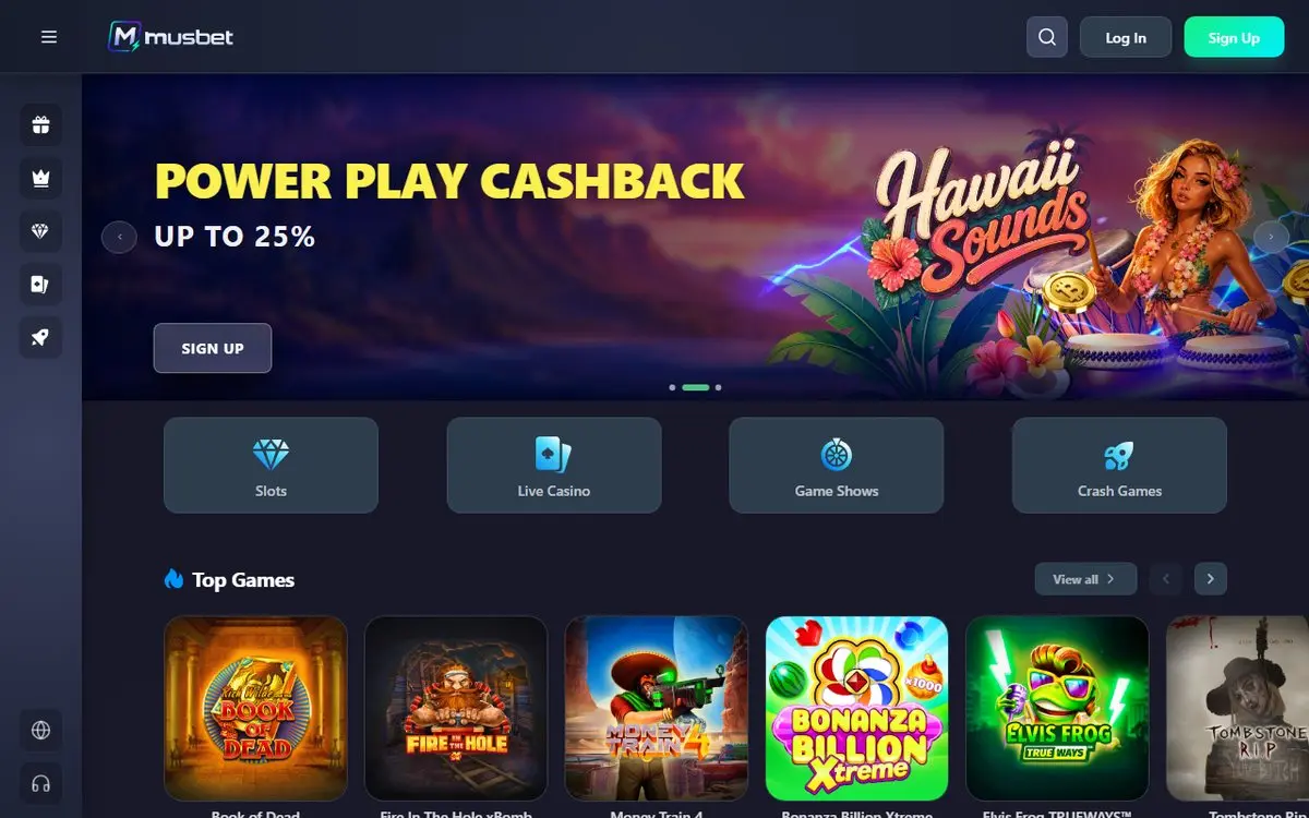 Musbet homepage showing its casino lobby and cashback promotion
