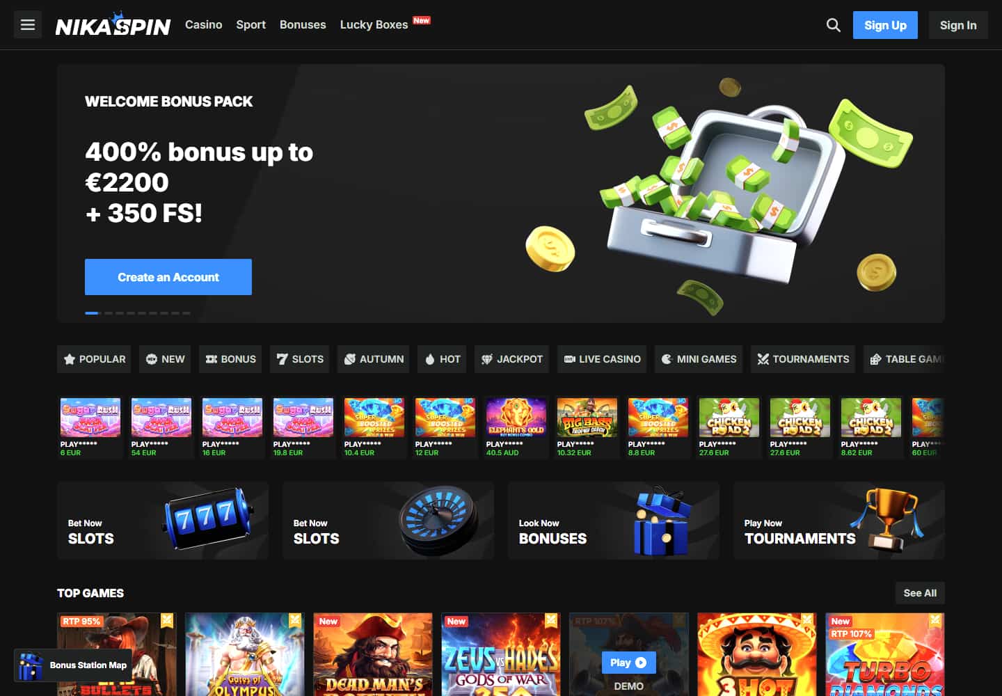 NikaSpin homepage showing its navigation, promotion panel and casino lobby