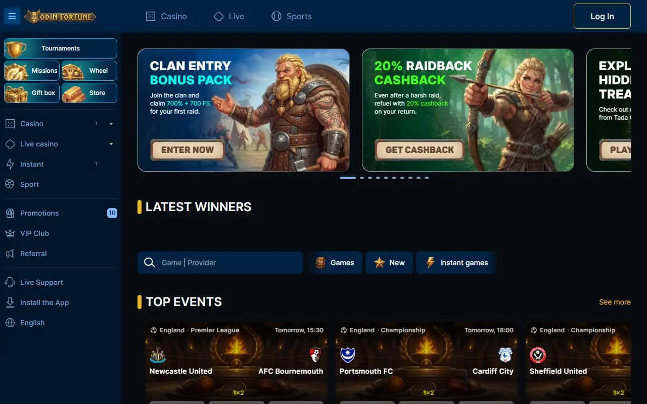 Odin Fortune homepage showing its bonus pack and casino navigation