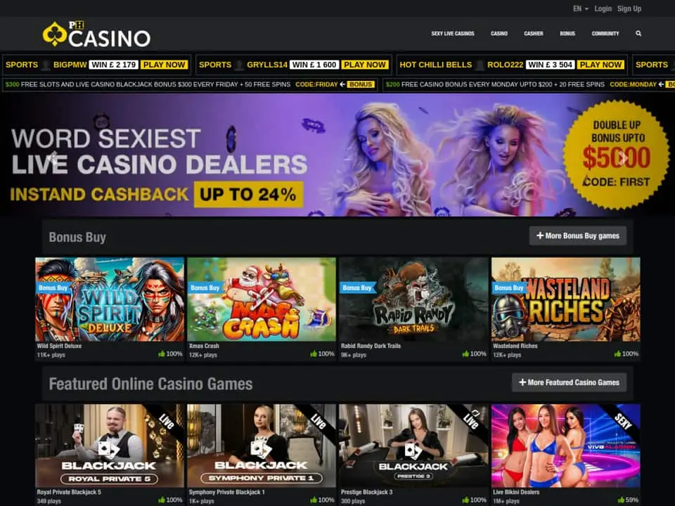 PH Casino homepage showing its welcome offer and casino game lobby
