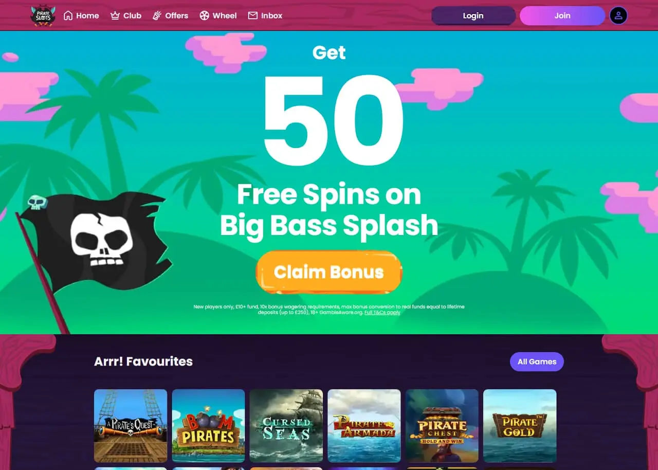 Pirate Slots homepage — September 2026 Pirate Slots homepage showing its welcome offer and casino games in September 2026