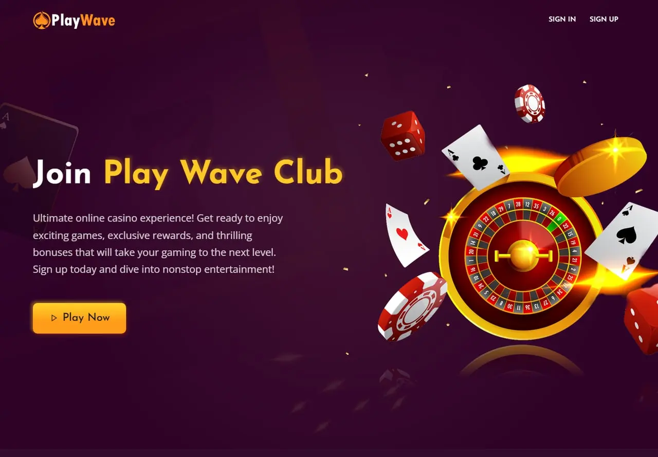 Play Wave Club homepage showing its casino introduction and registration navigation