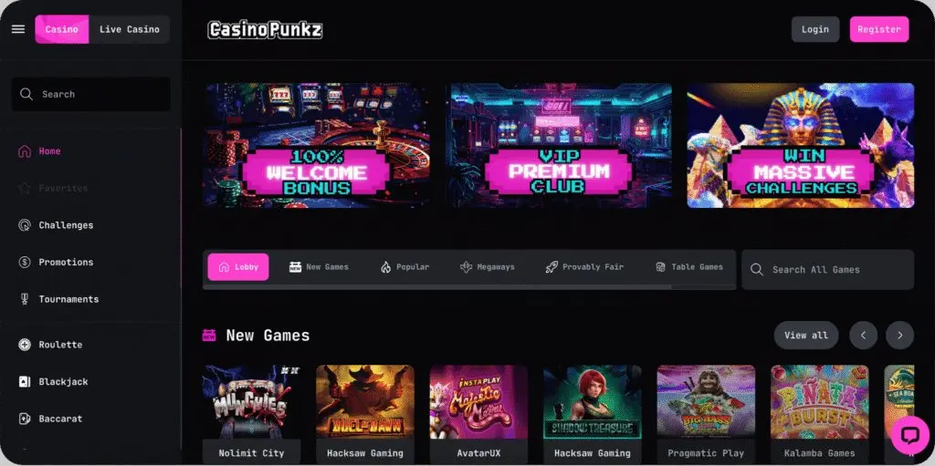 CasinoPunkz casino homepage with games and promotions
