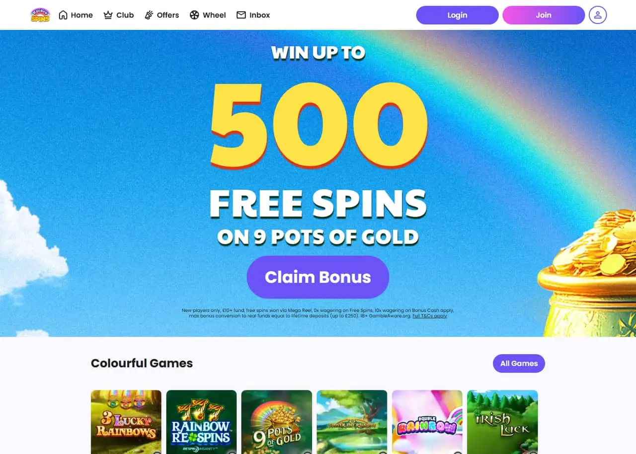 Rainbow Spins homepage — September 2026 Rainbow Spins homepage showing its welcome offer and casino games in September 2026
