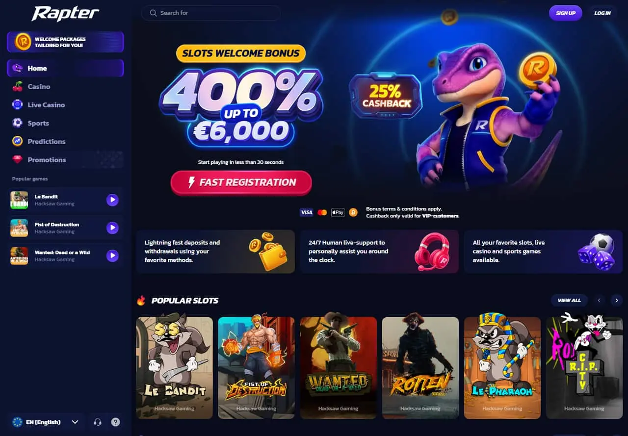 Rapter homepage with casino navigation, welcome package and visible game cards