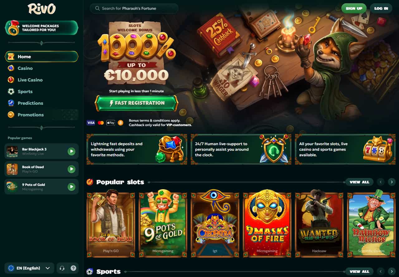 Rivo homepage with casino navigation, welcome package and visible game cards