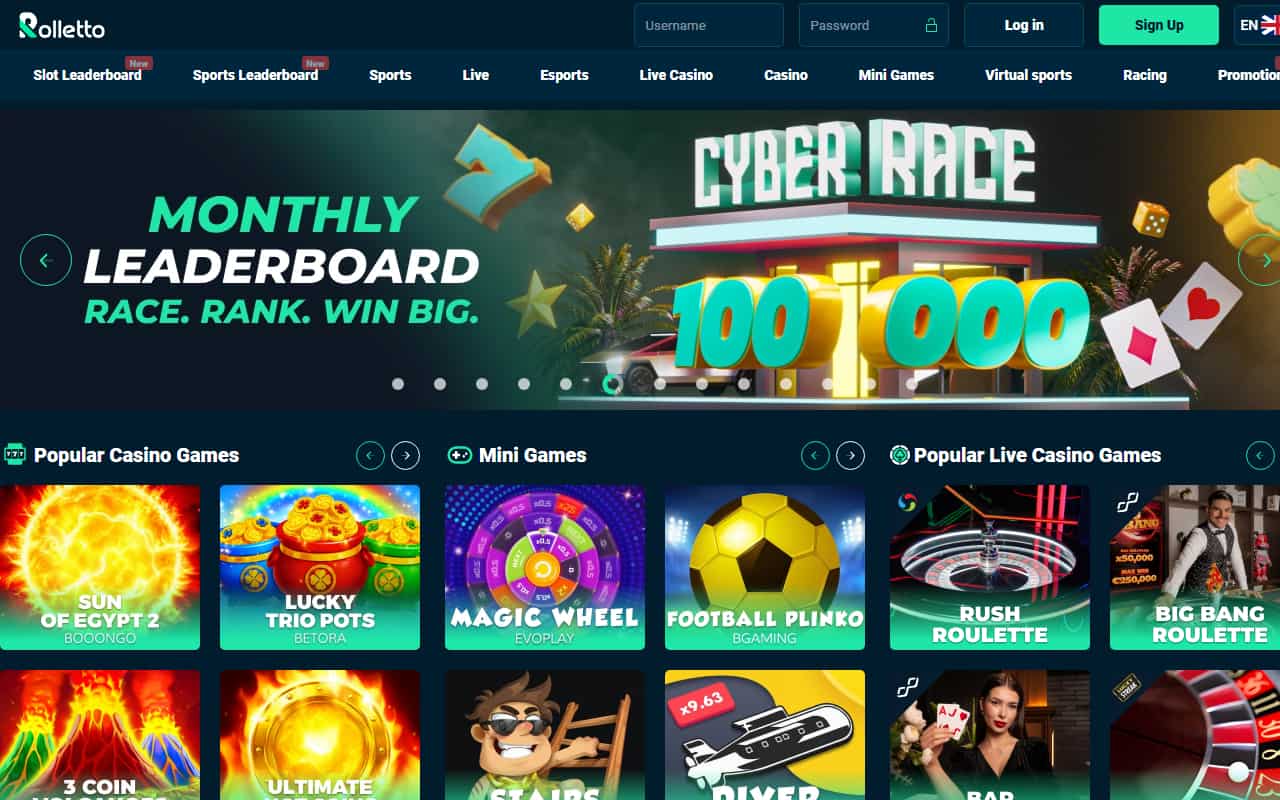 Rolletto homepage showing its leaderboard and casino categories