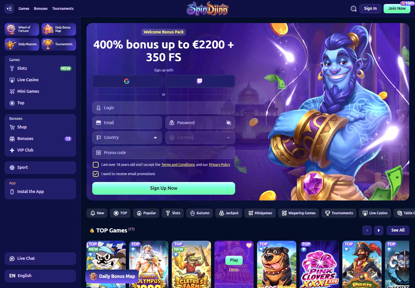 SpinDjinn homepage showing its navigation, promotion panel and casino lobby