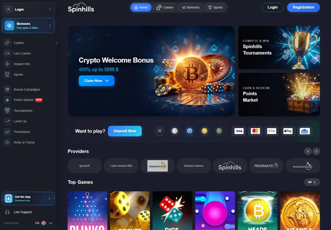 Spinhills homepage showing its welcome banner, tournaments and casino navigation