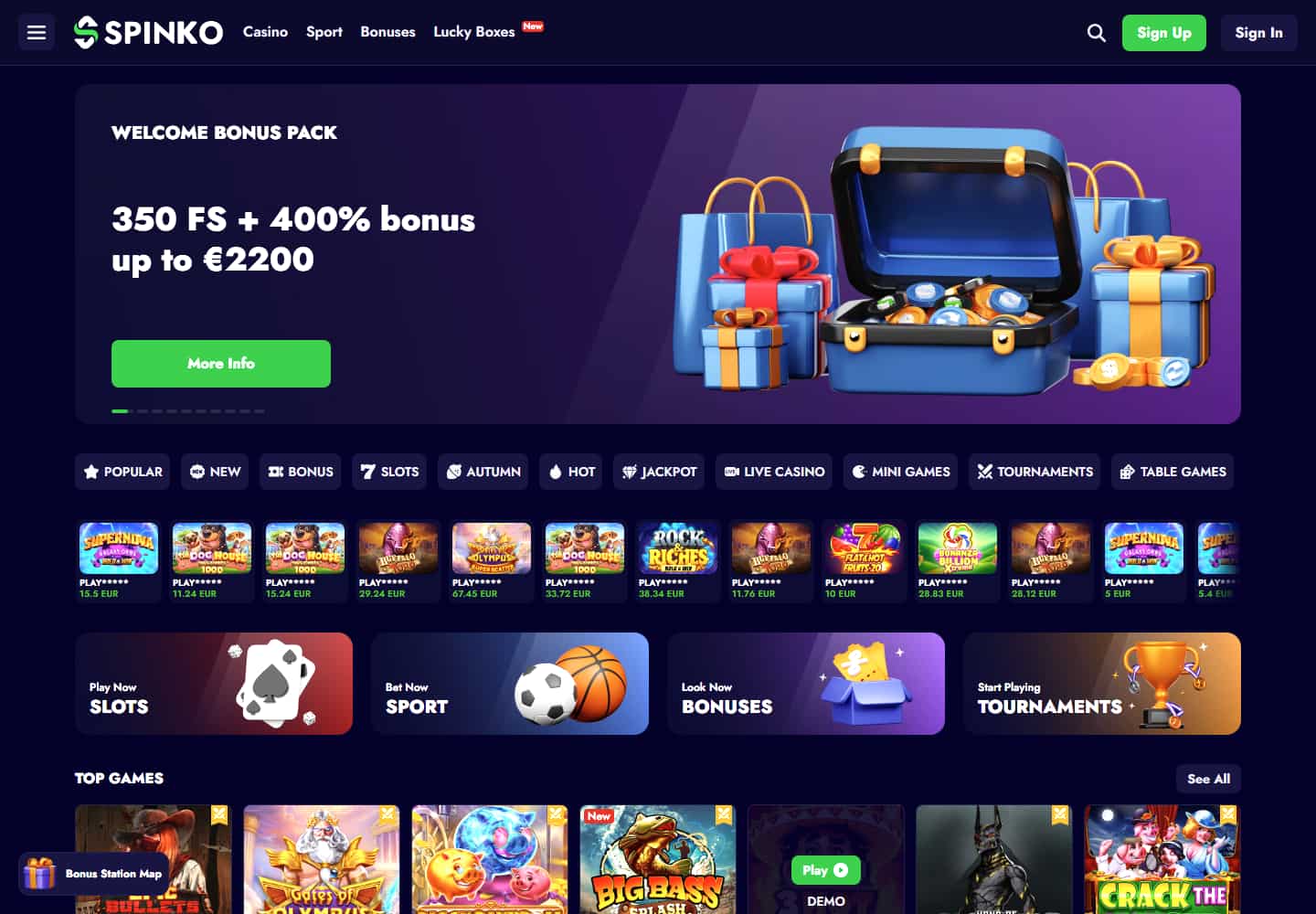 Spinko homepage showing its navigation, promotion panel and casino lobby