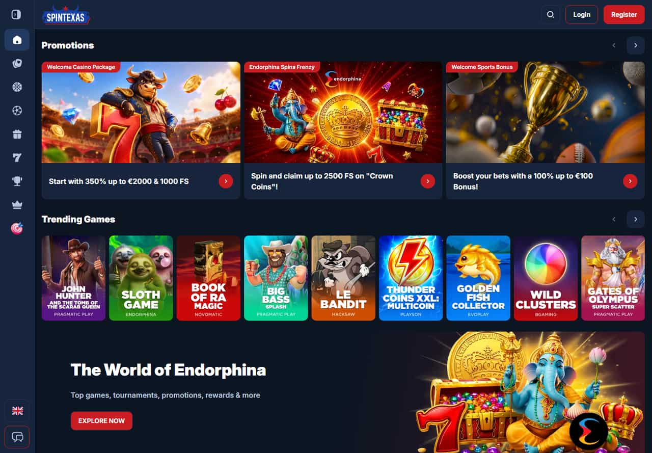 SpinTexas homepage with its welcome promotion and slot game catalogue