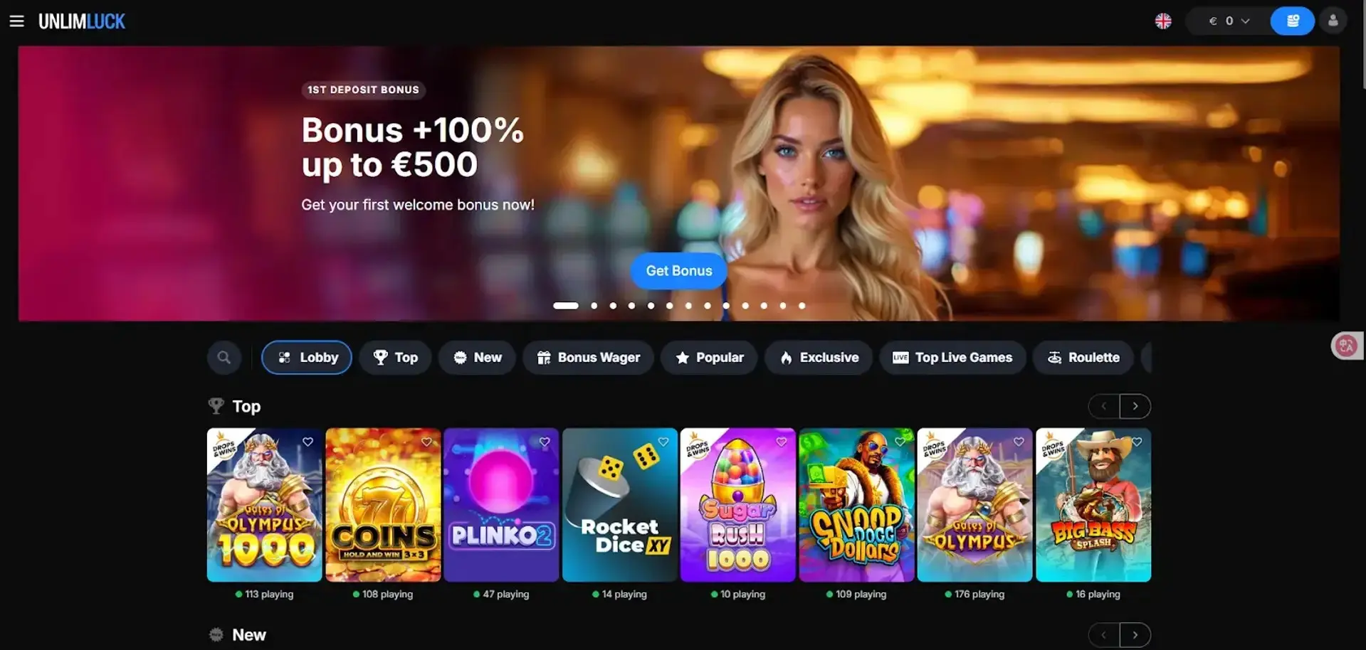Unlimluck Casino Homepage September 2026 Unlimluck Casino homepage showing the first-deposit offer and games lobby