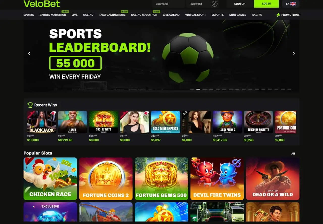 Velobet homepage showing its green branding, sports navigation and casino games