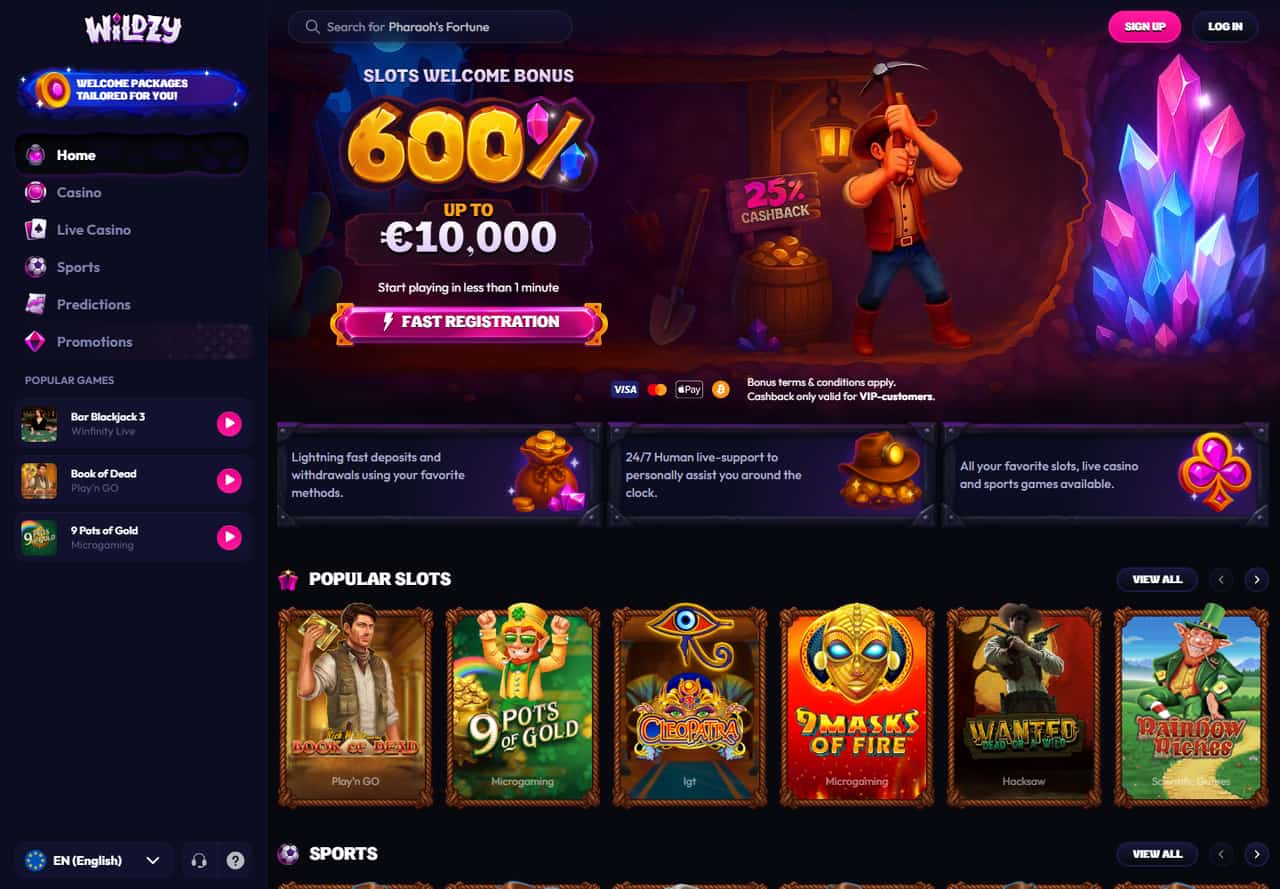 Wildzy homepage with casino navigation, welcome package and visible game cards
