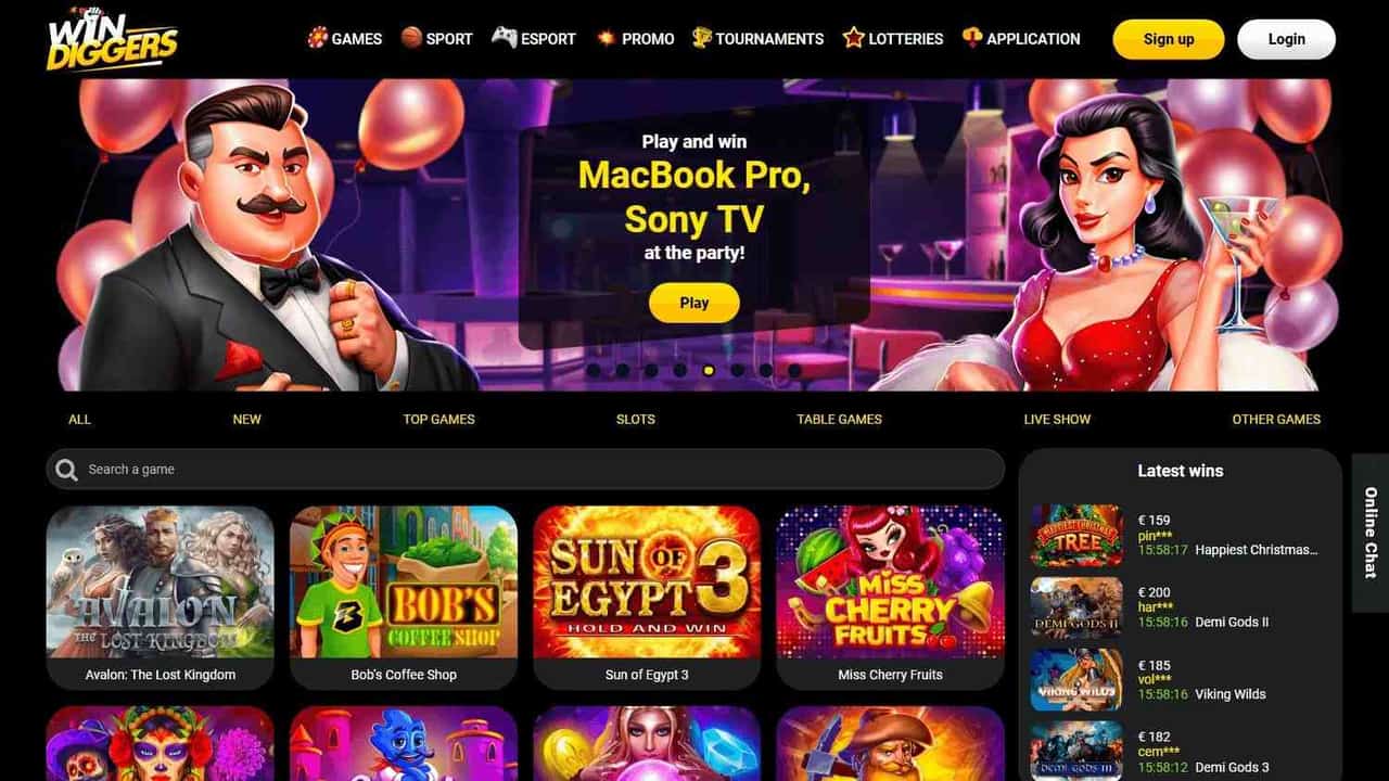 Historical Win Diggers Casino homepage showing its navigation, promotional banner and game tiles
