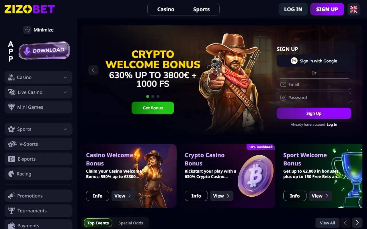 Zizobet homepage showing its welcome packages and casino navigation